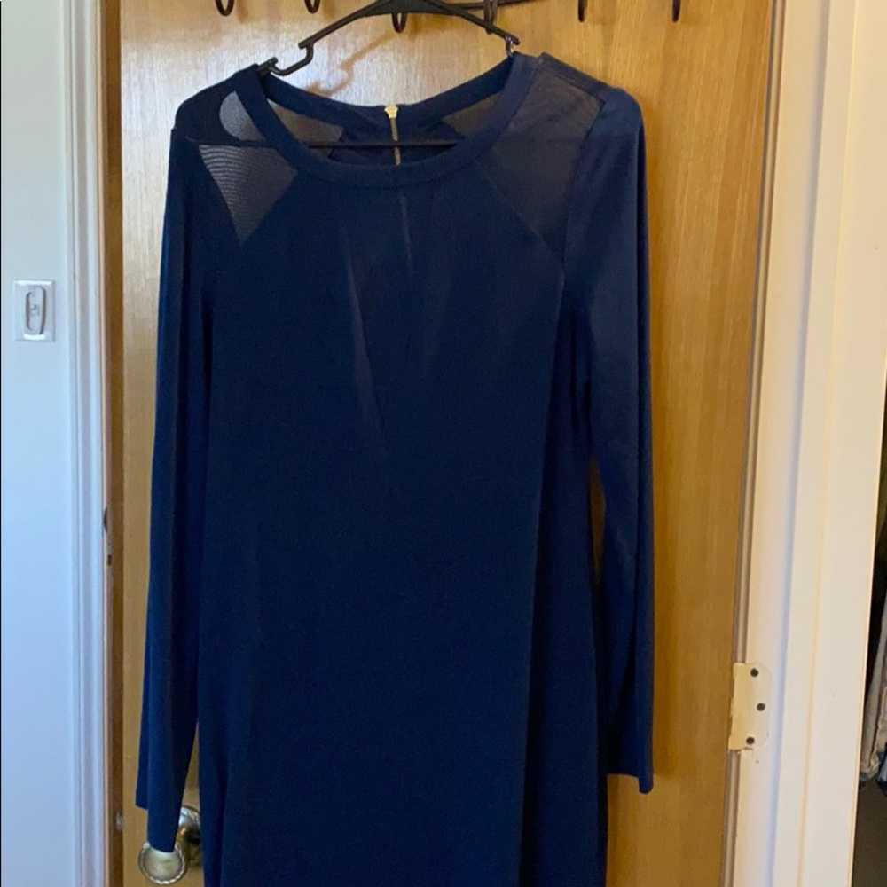 Express navy dress, gold detail